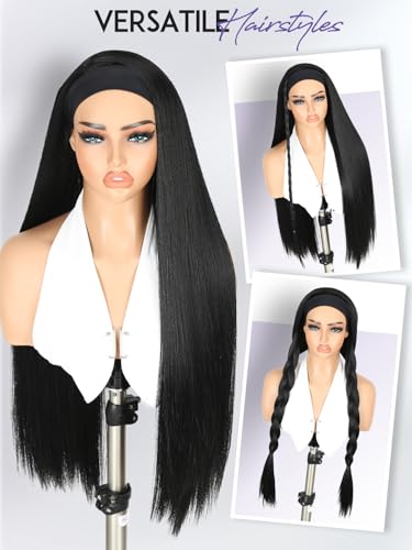 30 Inch Straight Headband Wig for Black Women - Synthetic Half Wig, Glueless, Natural Look - Black