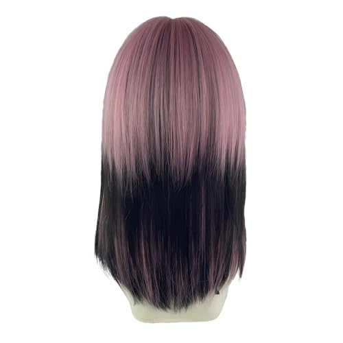 WKLOUYHE Women's Short Straight Wig with Bangs - Shoulder Length Bob, Heat Resistant Synthetic Hair, Black & Pink