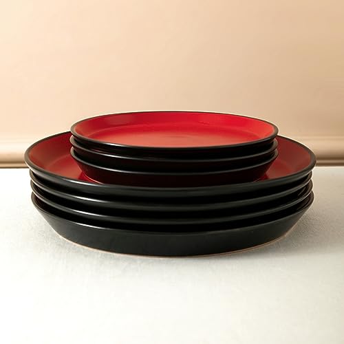 Stoneware Dinnerware Set for 4 - 16 Pieces, Red & Black, Modern Design