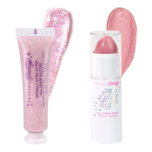 Petite N Pretty Glitter Makeup Set - Shimmering for Eyes, Cheeks, and Body - Glow Up Stick & All-Over Glitter in Pink Sherpa Bag for Kids, Teens, and Tweens (Pink)