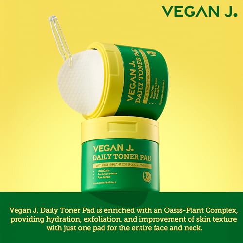 Vegan J Daily Toner Pads | Exfoliating, Hydrating, Moisturizing | Vegan K-Beauty | Oasis-Plant Complex 53,000ppm | Pore Refining & Skin Soothing | 100% Cotton (60 Pads)