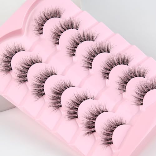 Natural Cat Eye Lashes Wispy Eyelashes 14mm Lightweight False Eyelashes 3D Volume Natural Lashes 0.1mm Thin Cotton Band Lash Strips Pack C Curl Soft Eyelash 7 Pairs Siligli
