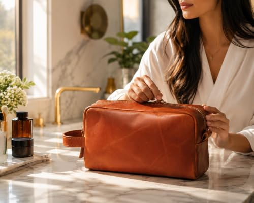 Leather Toiletry Bag for Men & Women - Tan Brown Travel Organizer