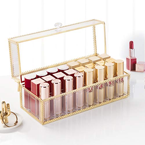 Glass Lipstick Organizer with 24 Slots - Dustproof Vanity Storage Case