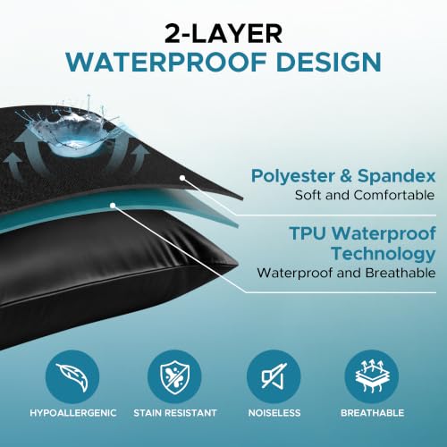 Waterproof Pillow Protectors Set of 2 - 18.9 x 28.7 Inches Black Envelope Closure