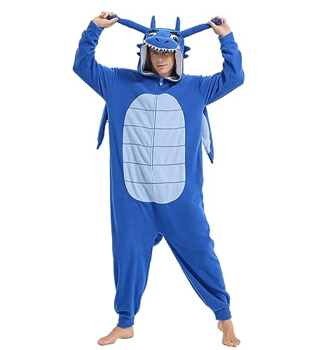Focupaja Adult Dragon Onesie Pajamas - Medium Blue Animal Cosplay Jumpsuit