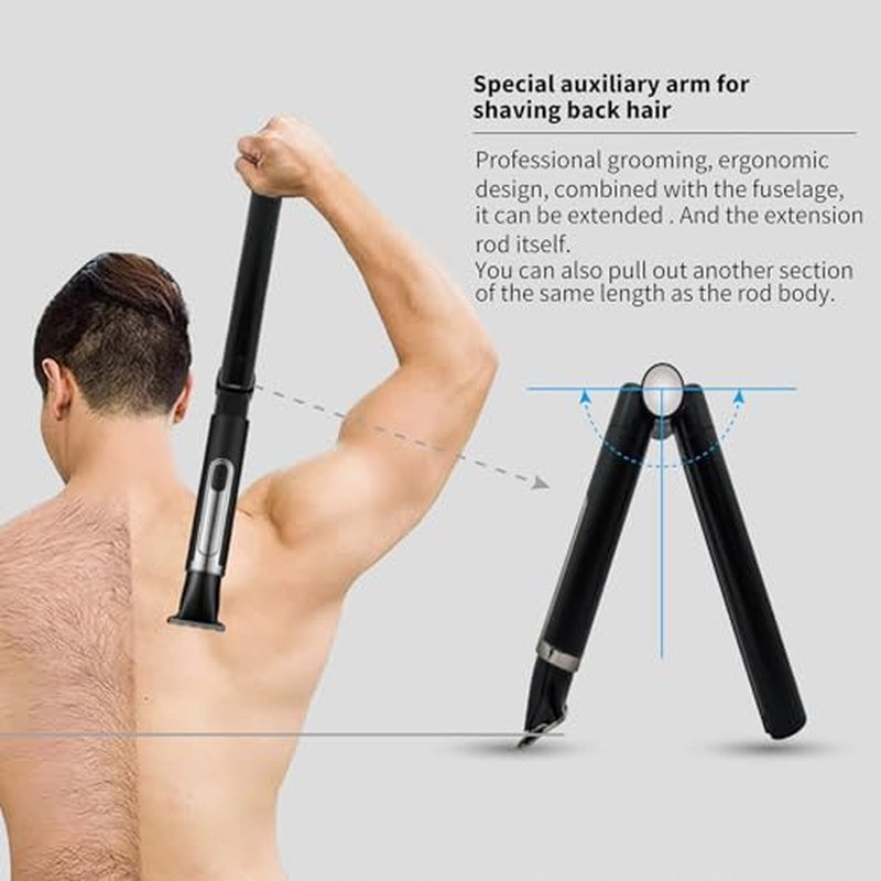 Back Shaver for Men, 5-in-1 Electric Back Hair Removal Razor with Adjustable Extension Handle, Body Hair Trimmer Grooming Kit for Wet or Dry Shaving