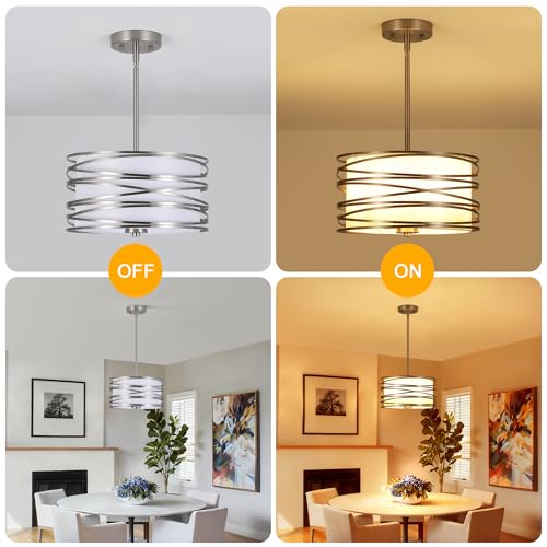 ACNKTZ 12.6'' Brushed Nickel Drum Pendant Light - 3-Light Hanging Chandelier for Kitchen & Dining