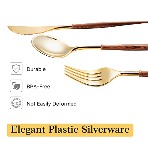 Gold Plastic Cutlery Set with Wooden Grain Handles - 240pcs - Elegant Disposable Utensils