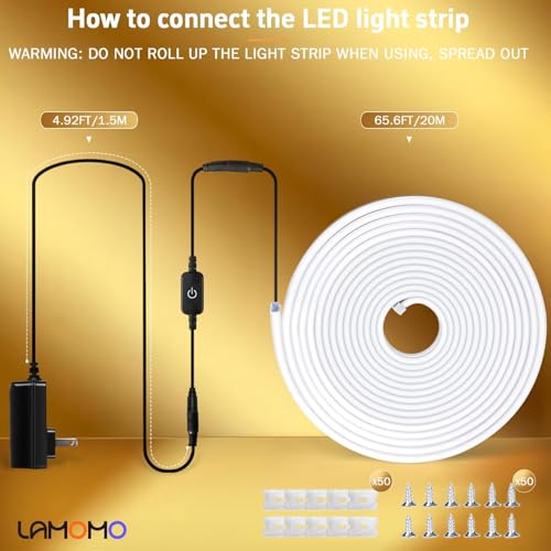 Lamomo LED Strip Lights 65.6ft Warm White Dimmable Waterproof Neon Rope