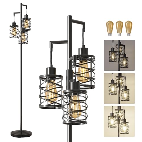 Oneach 70-Inch Black Industrial Floor Lamp with 3 Dimmable Bulbs, Farmhouse Corner Standing Tree Lamp for Living Room & Bedroom