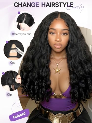 Black Yaki Curly V Part Wig 24 Inch Loose Wave Bouncy Curl Ends - Black