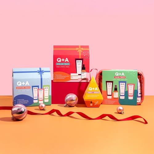 Q+A Bodycare Treats Gift Set, 3-Step Routine for Smooth, Soft Skin, Salicylic Acid Body Wash (75ml), AHA Body Scrub (75ml) & Collagen Body Butter (50ml), Stocking Stuffers and Travel Size Toiletries