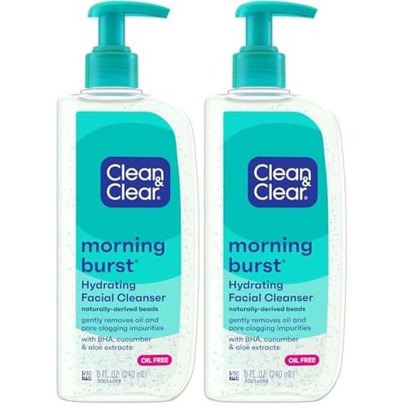 Clean & Clear Morning Burst Hydrating Facial Cleanser with BHA,Cucumber & Aloe Extracts,Refreshing Face Wash for Soft,Smooth-& Clear Skin,8 fl. oz,(Pack of 2)