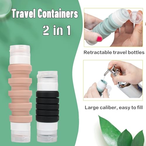Travel Bottles Set for Toiletries ,Upgraded Version 4 in 2 Travel Containers-TSA Approved Travel Size Toiletries Leak Proof Silicone Squeezable Travel Accessories with Toiletry Bag and Box (Brown)