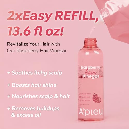 A'PIEU Raspberry Hair Vinegar Rinse Set with Refill - Scalp Detox & Shine, 6.76 & 13.6 fl oz