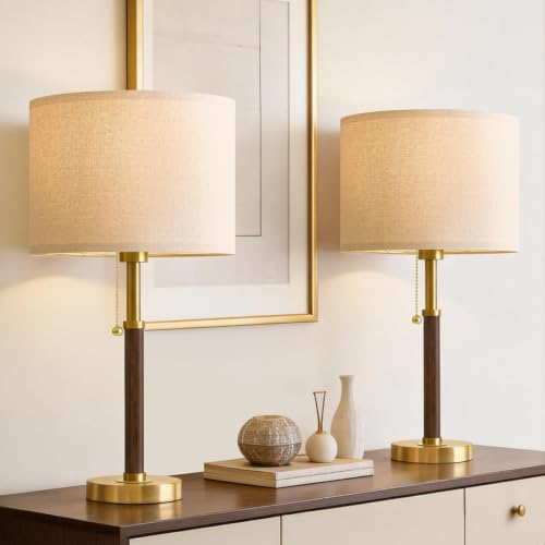 G-SAFAVA Walnut Wood & Metal 22" Mid Century Modern Table Lamp for Bedroom & Living Room