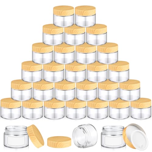 Layhit 48 Pcs 50 ml Cosmetic Glass Jars with Lids 1.69 oz Small Jars with Plastic Woodgrain Lids, White Labels and Inner Liners Empty Round Cosmetic Containers for Creams Lotions Powder Candle Making