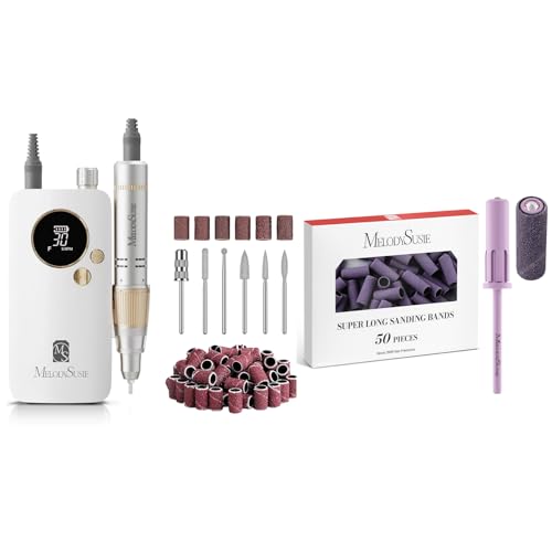 MelodySusie Portable Nail Drill 30000 RPM with 50 Pcs Nail Drill Bits Super Long Sanding Bands