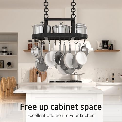 Black 34-Inch Ceiling Pot Rack with 20 Hooks for Kitchen Organizer