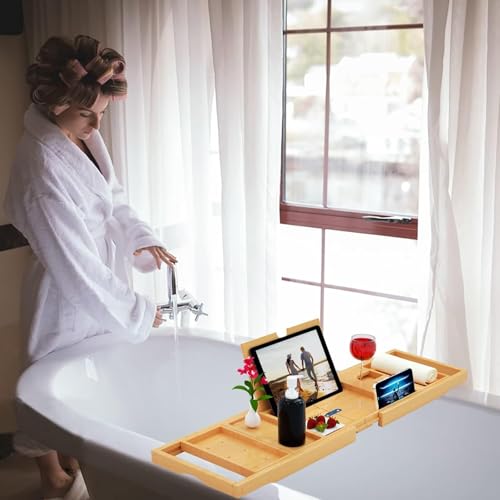 Banlilu Natural Bamboo Expandable Bathtub Tray Caddy - Waterproof Bath Table