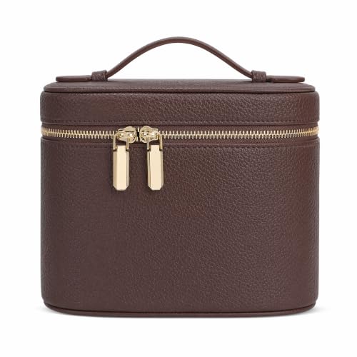 Cosmetic Case Leather Makeup Bag Portable Handheld with Removable Compartments Coffee M (8x5.5x6in)