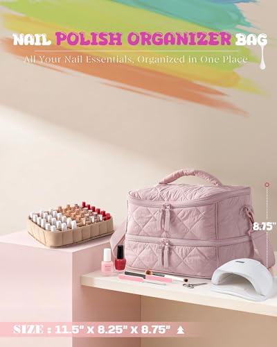 Pink Quilted Nail Polish Organizer Bag Holds 42 Bottles & Nail Lamp