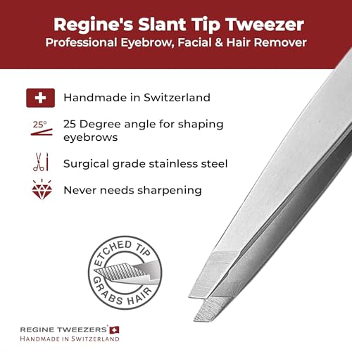 Regine Switzerland Silver Slant Tip Precision Eyebrow Tweezers - Professional Quality