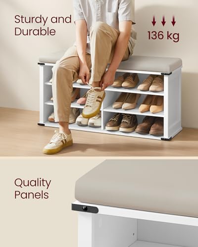 VASAGLE Cloud White Shoe Storage Bench with Removable Cushion, 6 Shelves, 12-15 Pairs