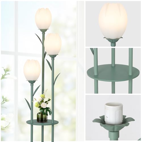 Green 3-Light Flower Floor Lamp with Shelves - Tulip Standing Lamp for Living Room & Bedroom