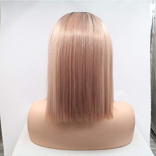 Pink Lace Front Wig 16 Inch Short Straight Peach Ombre Wigs for Women & Drag Halloween