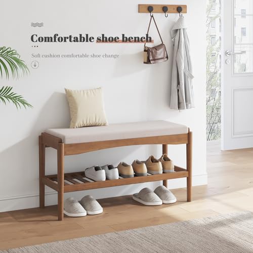 STDDRE Bamboo Shoe Bench with Cushion Seat 2-Tier Entryway Organizer, Brown-Beige, 31.5x11.4x16.5 Inches