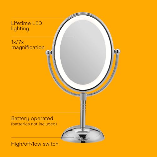 Lighted Makeup Mirror with 1X/7X Magnification, Double-Sided LED Vanity Mirror - Polished Chrome, 4.7"L x 8"W