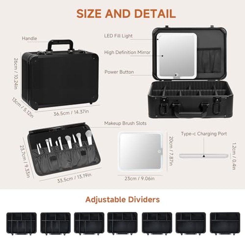 15"x11" Makeup Case with Lighted Mirror & Brush Holder - Waterproof Travel Organizer, Customizable Storage, Rechargeable LED Vanity for Women (black)