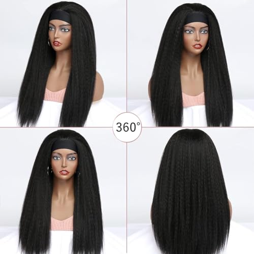 Vanmast 16 Inch Human Hair Headband Wig with 180% Density Kinky Straight Black for Black Women