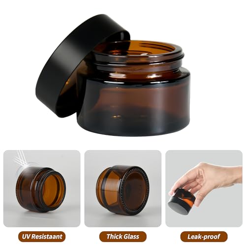 Reusable Amber Glass Storage Jars 2 oz - Leak-Proof Wide Mouth Set
