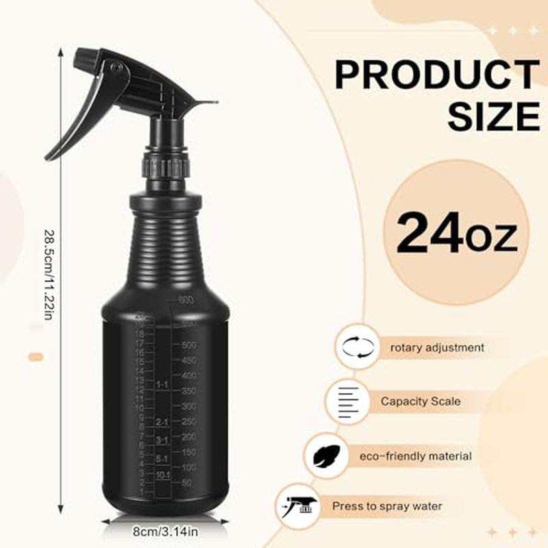 4 Pcs Black Plastic Spray Bottles 24 Oz Empty Spray Bottles Clear Refillable Container with Adjustable Head Sprayer and Stream Leak-Proof Sprayers for Water, Essential Oils, Hair, Cleaning Products