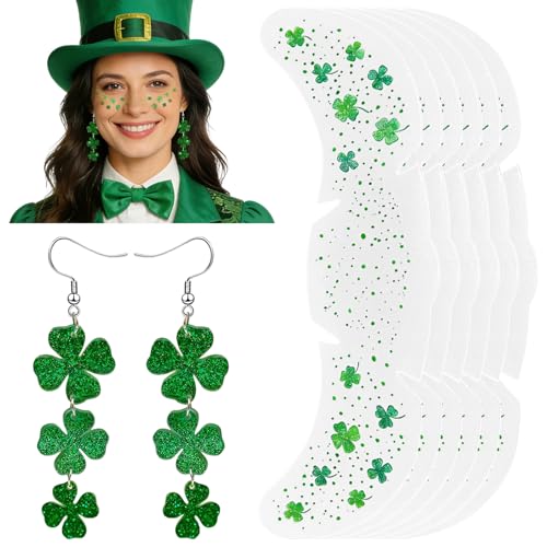 Mysense St Patricks Day Accessories,Shamrock Dangle Earrings,6PCS Glitter Freckles Temporary Tattoos Face Stickers,Irish Festival Green Accessories for Saint Patrick¡¯s Day Outfit Women Girls