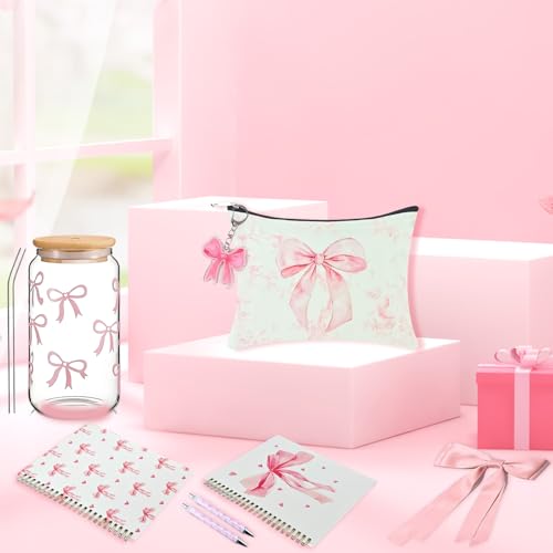 Pink Bow Gift Set with Makeup Bag, Cup, Notebook & Accessories, 10 Pieces
