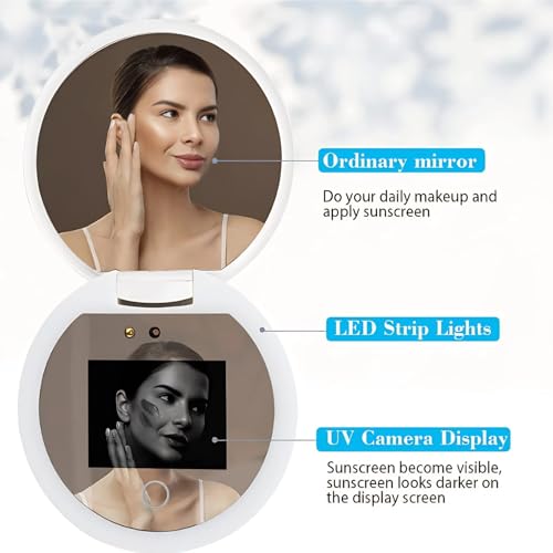 Travel Mirror with Light Intelligent Touch Control Brightness Adjustment UV Camera Lens Testing Compact Makeup Mirror with Magnification Portable LED Vanity Mirror for Travel and Home Use
