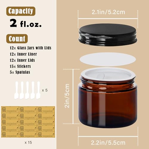 2 oz Amber Glass Cosmetic Jars with Black Metal Lids & Liners - Refillable, Airtight, Travel-Ready Set of 12