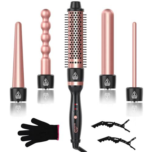 Rose Gold 5-in-1 Curling Wand Set with Ceramic & Thermal Brush - Hair Styling Tool