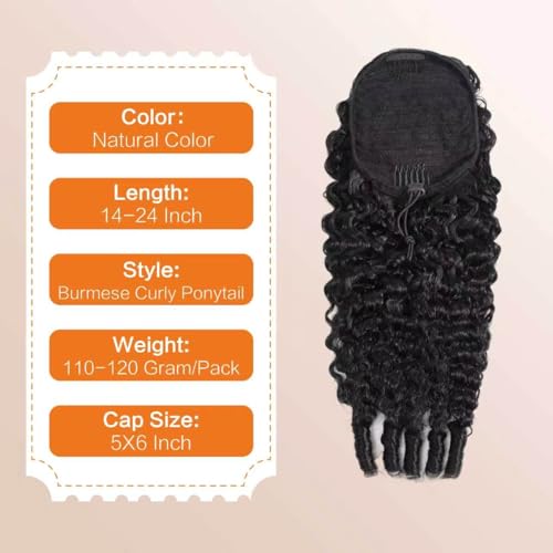 MAHKOTAKU Burmese Curly 20" Human Hair Ponytail Extensions, Natural Black