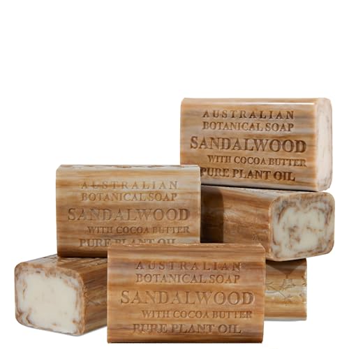 Australian Botanical Soap Sandalwood with Cocoa Butter ? Triple Milled 6.6 oz Bar Soap with Shea Butter, Face Hand & Body Soap Bars, Pack of 6