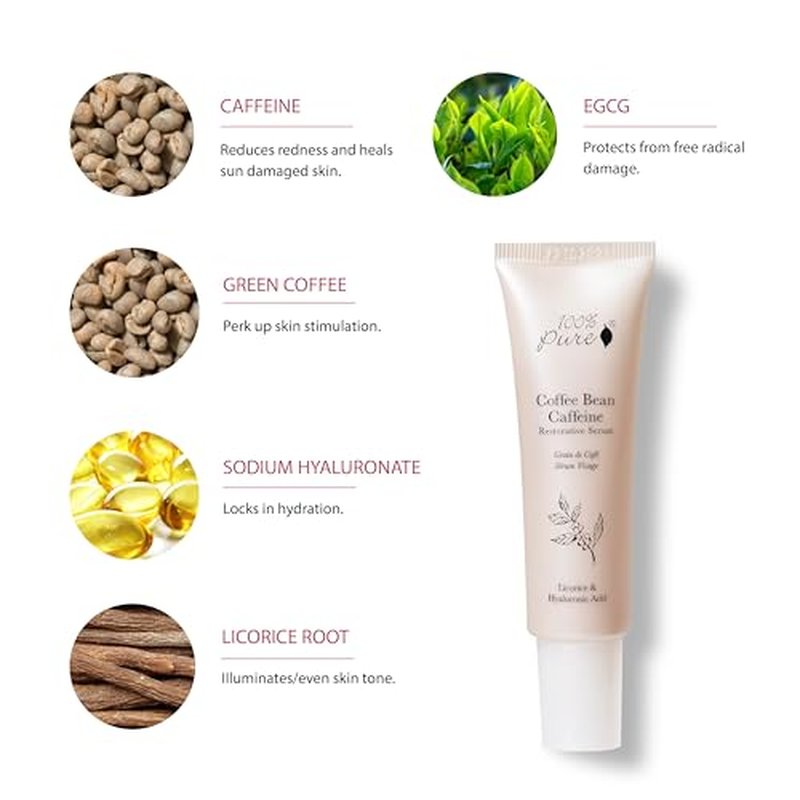 100% PURE Coffee Bean Face Serum EGCG, Licorice Root & Hyaluronic Acid Drops - Tighten, Brighten & Protect Daily Liquid Caffeine For Faded Skin - Ultimate Glow Skincare for Women & Men - 1 fl oz
