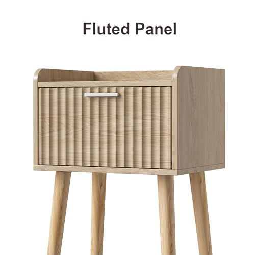 LAATOOREE Nightstand Set of 2 - Small Bedside Tables with Fluted Door, Natural/Fluted Style