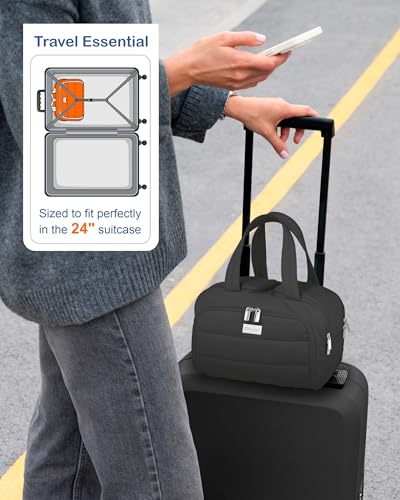 Black Travel Toiletry Bag with Puffer Makeup Organizer & Compartments
