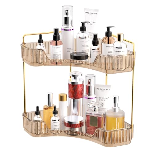 GTI 2 Tier Makeup Organizer, Large Capacity Bathroom Counter Organizer, Perfume Cosmetics Skincare Vanity Organizers, Dresser Countertop Organizer and Storage for Women (Amber)