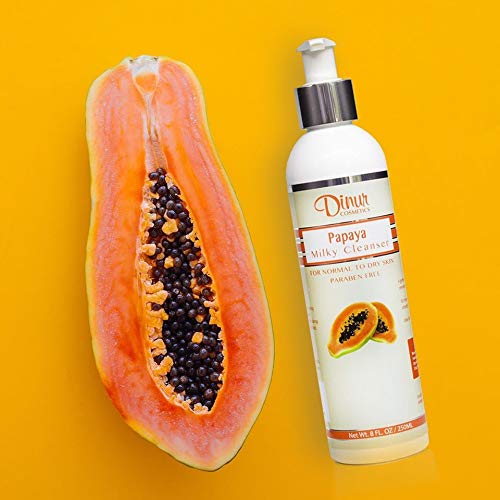 Dinur Cosmetics Papaya Milky Cleanser Nourishing & Gentle Facial Removes Dirt Makeup Ideal for Normal to Dry Skin Soft Suple & Radiant Skin 8 fl. oz. 250 ml.