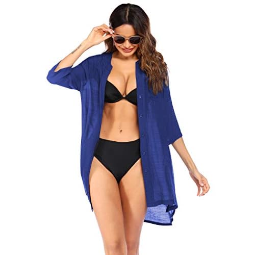 Ekouaer Bathing Suit Cover Up for Women V Neck Button Down Swimsuit Coverup Beach Dress Shirt S-3XL